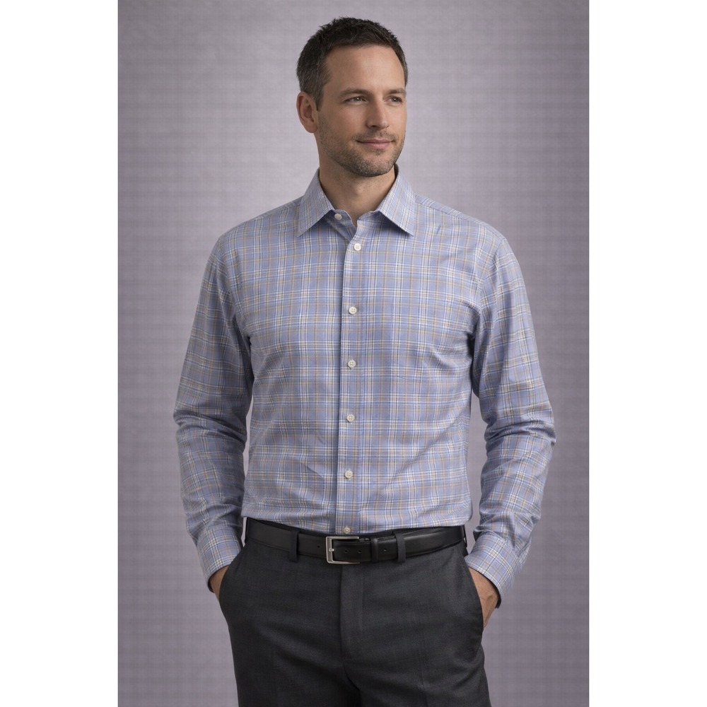 TED BAKER Dress Shirt Mens 16.5 34/35 Blue Plaid Check Long Sleeve